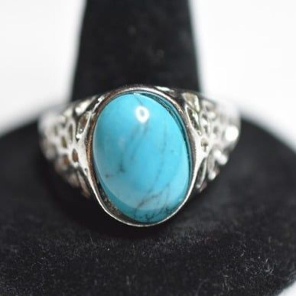Western Oval Faux Turquoise Stone Unique Silvertone Band Size 6 1/2 & 12 Rings